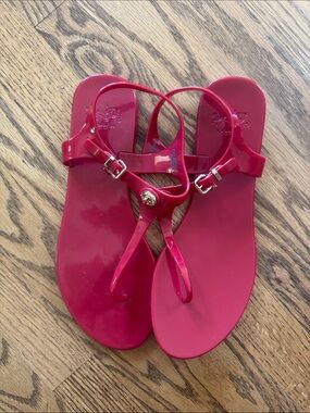 Coach Red Patent T-Strap Jelly Sandals